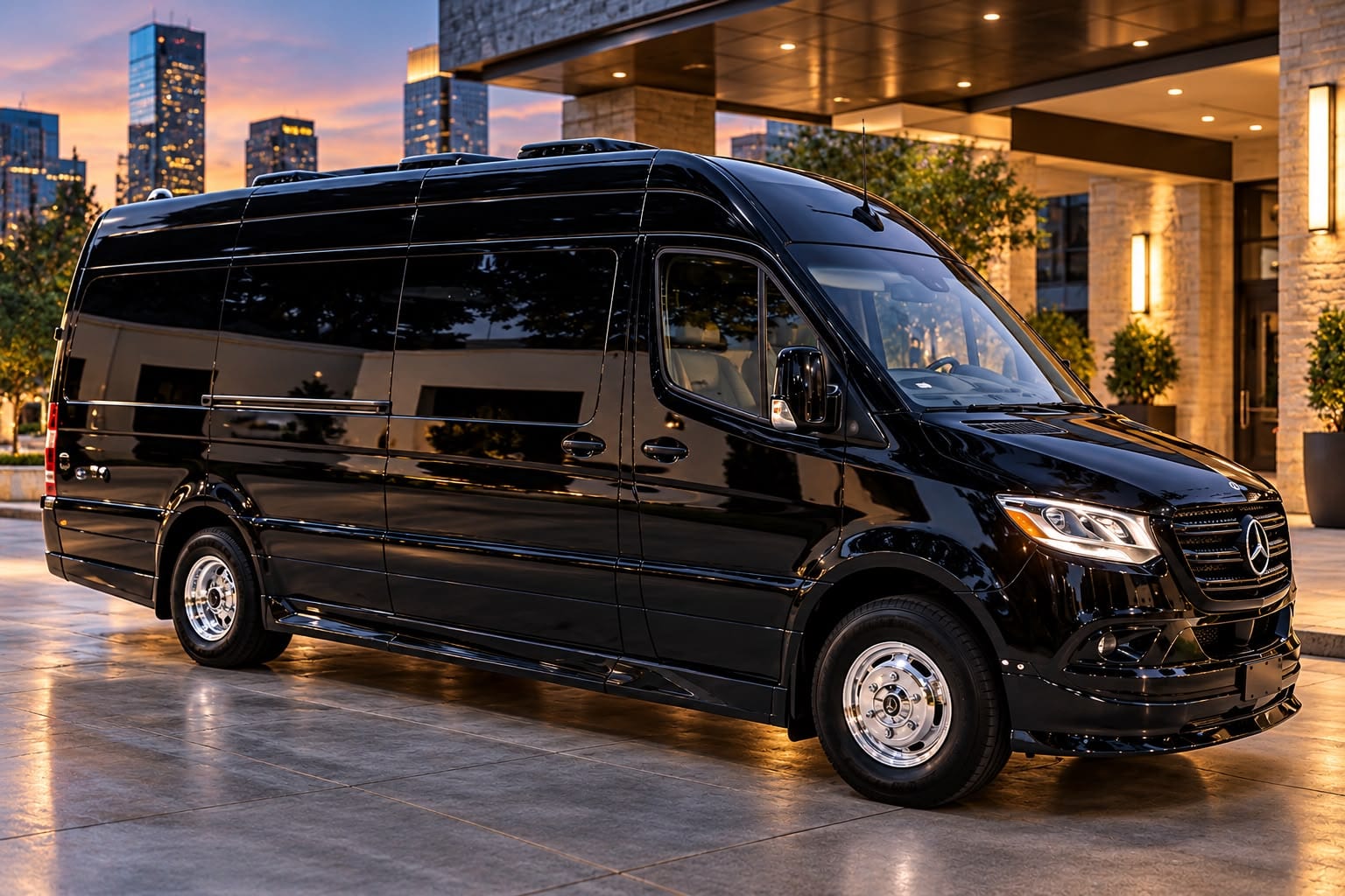 The Lancelot — gloss black Mercedes-Benz Jet Sprinter under a lit hotel porte-cochère at sunset, city skyline behind, Excalibur Executive Black Car Service, Oklahoma City