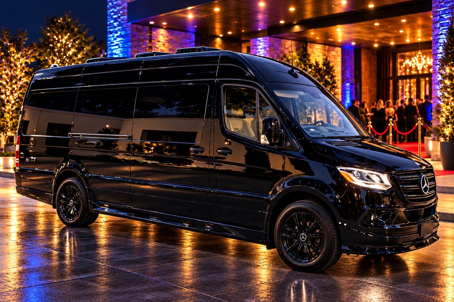 Black Mercedes-Benz Sprinter at night outside a lit venue entrance with a red carpet and arriving guests — Excalibur wedding transportation, Oklahoma