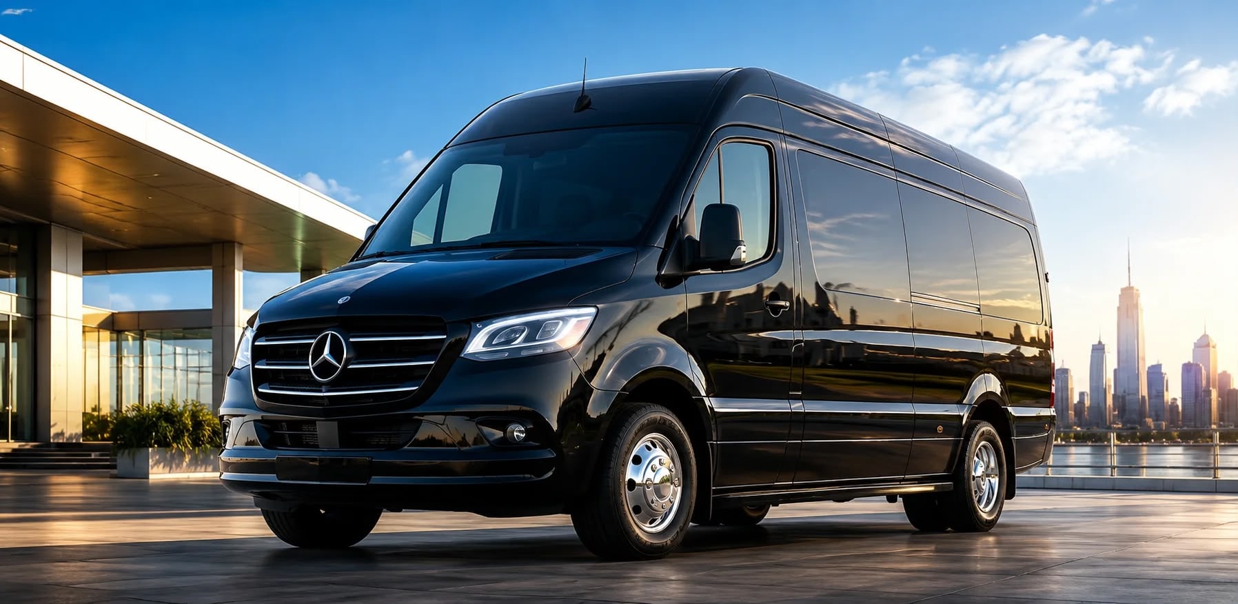 The Avalon — black Mercedes-Benz Sprinter limousine in side profile at dusk with blue underglow, Excalibur Executive, Oklahoma