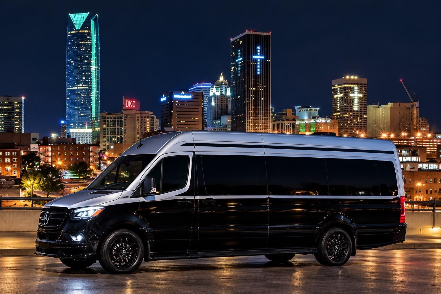The Monarch Maybach — two-tone black and silver Maybach Mercedes-Benz Sprinter against the Oklahoma City skyline at night, Excalibur Executive Black Car Service