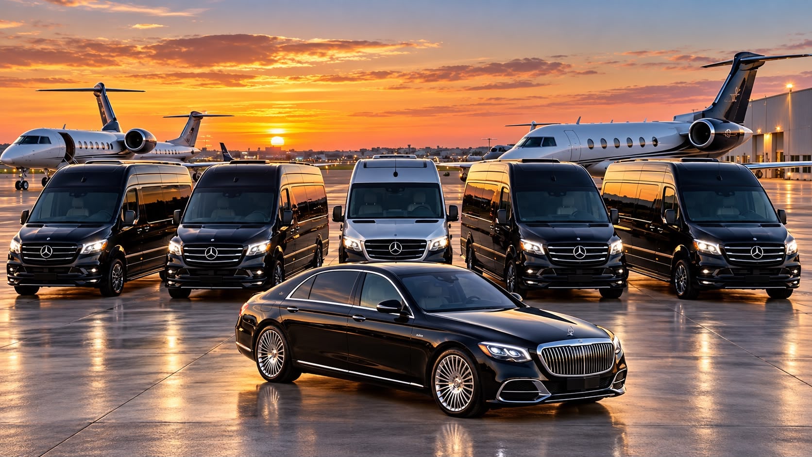 Excalibur-branded Mercedes-Benz Sprinter beside a private jet on the tarmac — Excalibur Executive Black Car Service, Oklahoma